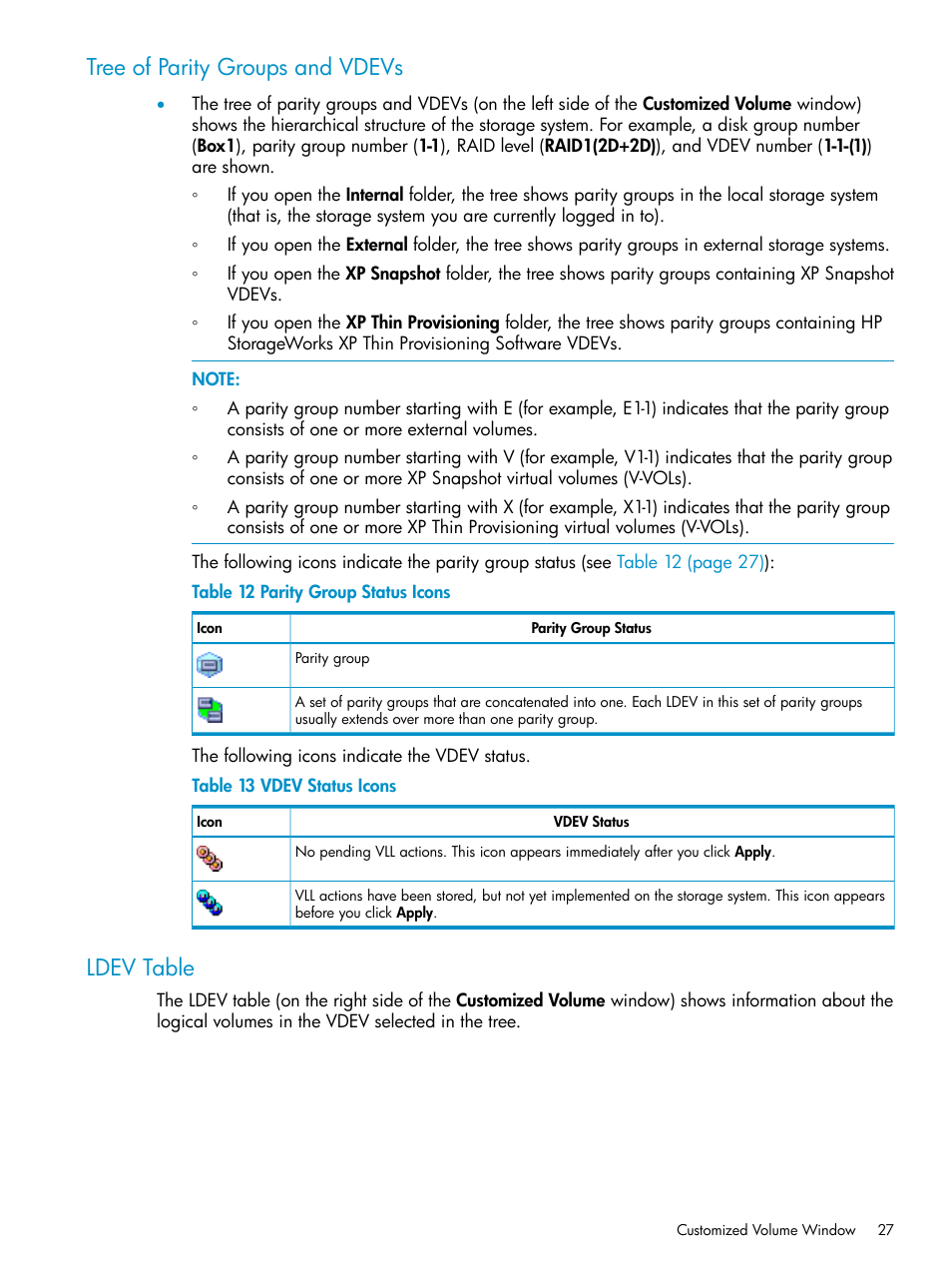 Tree of parity groups and vdevs, Ldev table, Tree of parity groups and vdevs ldev table | HP XP Data Shredder Software User Manual | Page 27 / 101