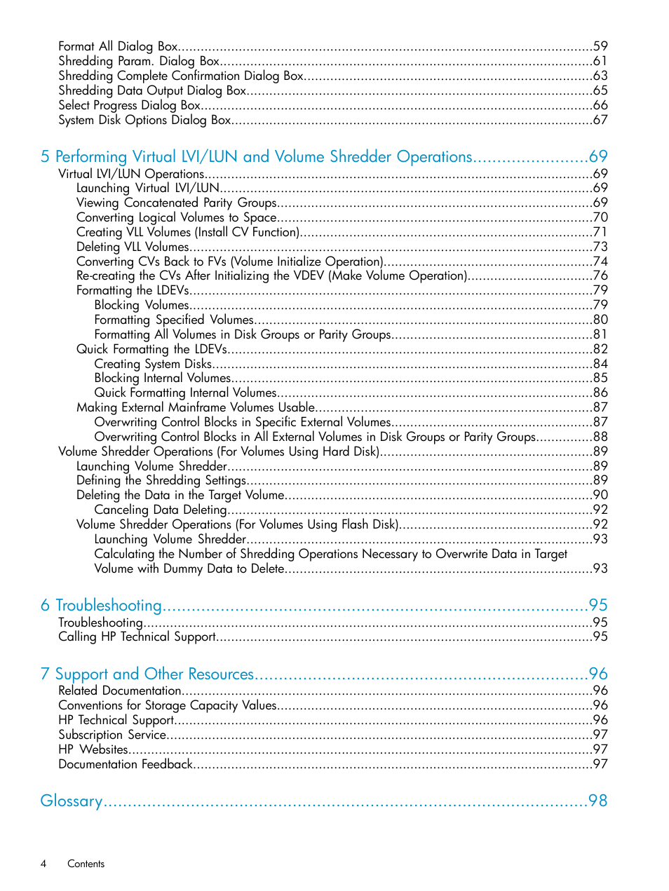 6 troubleshooting, 7 support and other resources, Glossary | HP XP Data Shredder Software User Manual | Page 4 / 101