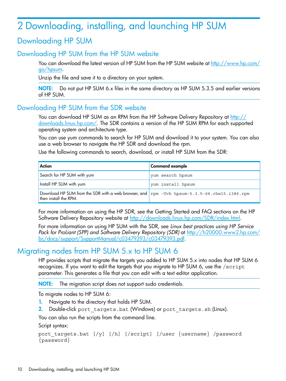 2 downloading, installing, and launching hp sum, Downloading hp sum, Downloading hp sum from the hp sum website | Downloading hp sum from the sdr website, Migrating nodes from hp sum 5.x to hp sum 6 | HP Smart Update Manager Version 6.0.0 User Manual | Page 10 / 77