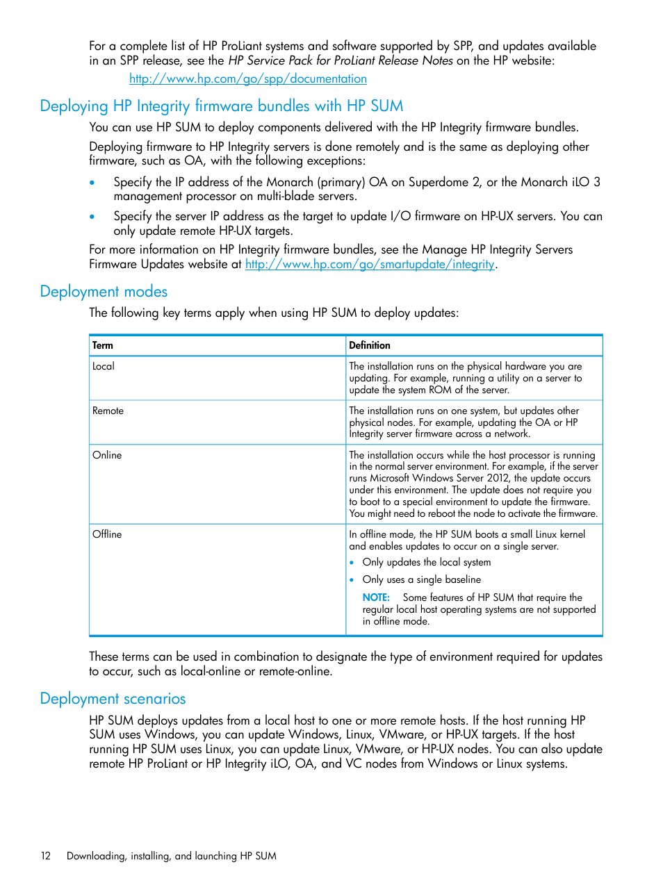 Deployment modes, Deployment scenarios | HP Smart Update Manager Version 6.0.0 User Manual | Page 12 / 77