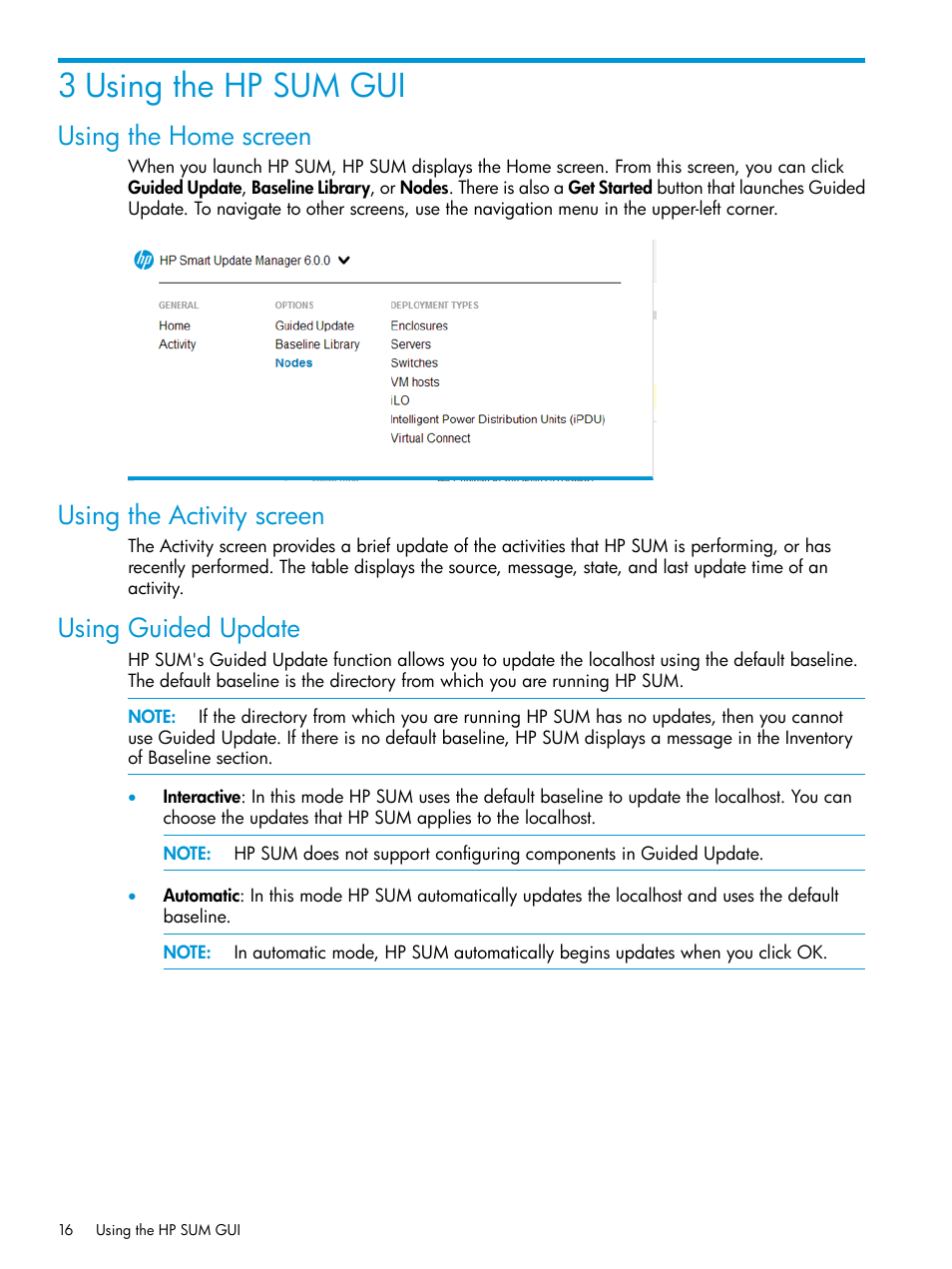 3 using the hp sum gui, Using the home screen, Using the activity screen | Using guided update | HP Smart Update Manager Version 6.0.0 User Manual | Page 16 / 77