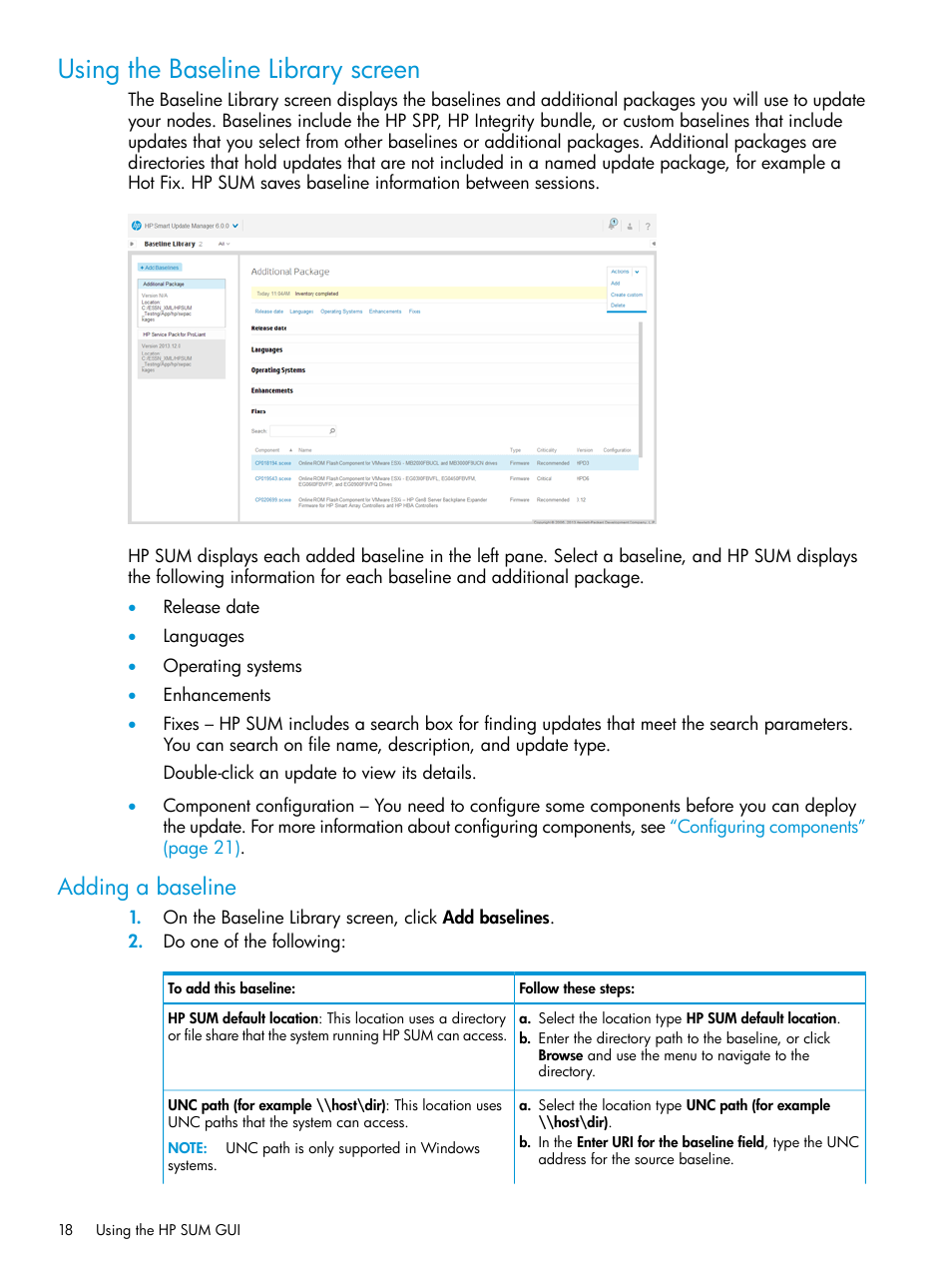 Using the baseline library screen, Adding a baseline | HP Smart Update Manager Version 6.0.0 User Manual | Page 18 / 77