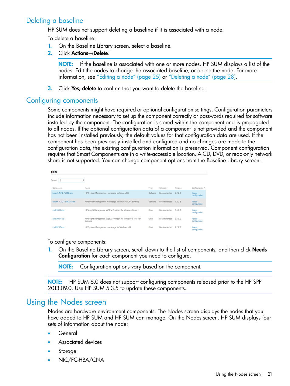 Deleting a baseline, Configuring components, Using the nodes screen | Deleting a baseline configuring components | HP Smart Update Manager Version 6.0.0 User Manual | Page 21 / 77