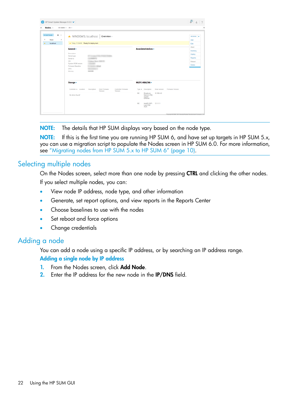 Selecting multiple nodes, Adding a node, Selecting multiple nodes adding a node | HP Smart Update Manager Version 6.0.0 User Manual | Page 22 / 77