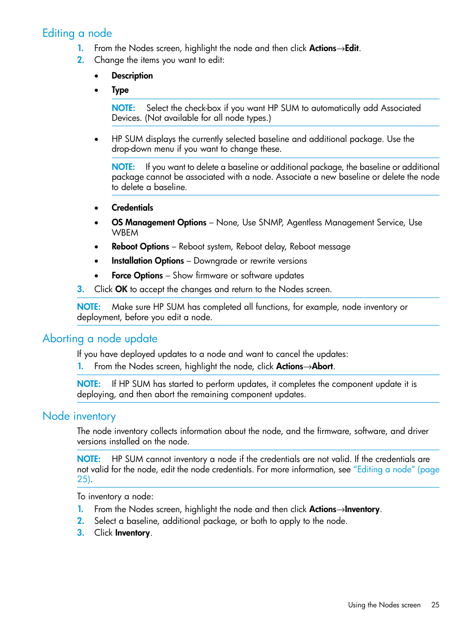 Editing a node, Aborting a node update, Node inventory | HP Smart Update Manager Version 6.0.0 User Manual | Page 25 / 77