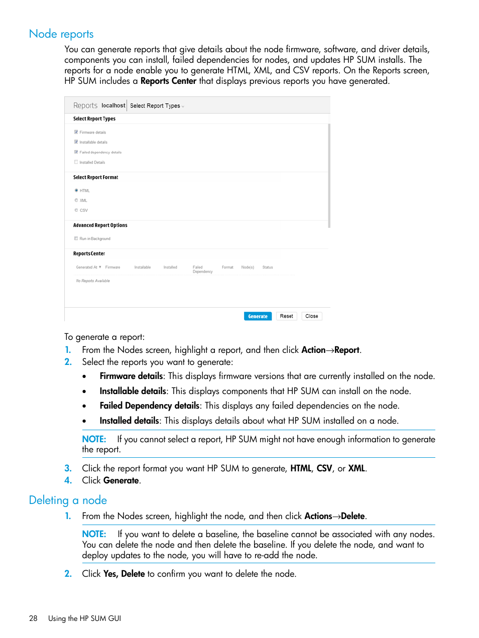 Node reports, Deleting a node, Node reports deleting a node | HP Smart Update Manager Version 6.0.0 User Manual | Page 28 / 77