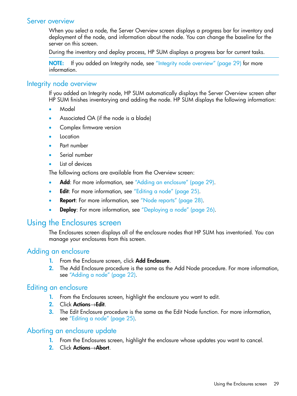 Server overview, Integrity node overview, Using the enclosures screen | Adding an enclosure, Editing an enclosure, Aborting an enclosure update, Server overview integrity node overview | HP Smart Update Manager Version 6.0.0 User Manual | Page 29 / 77