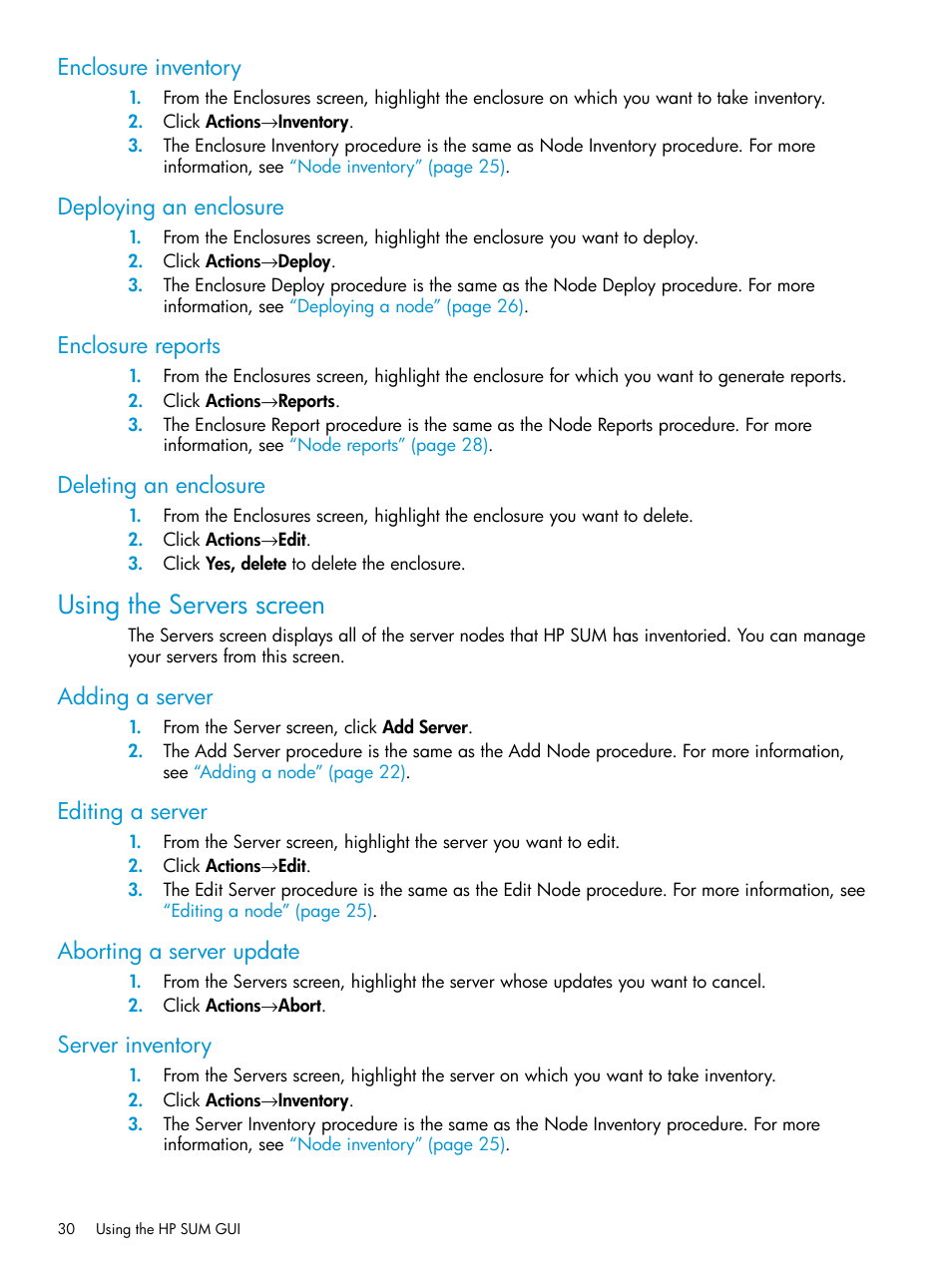 Enclosure inventory, Deploying an enclosure, Enclosure reports | Deleting an enclosure, Using the servers screen, Adding a server, Editing a server, Aborting a server update, Server inventory | HP Smart Update Manager Version 6.0.0 User Manual | Page 30 / 77