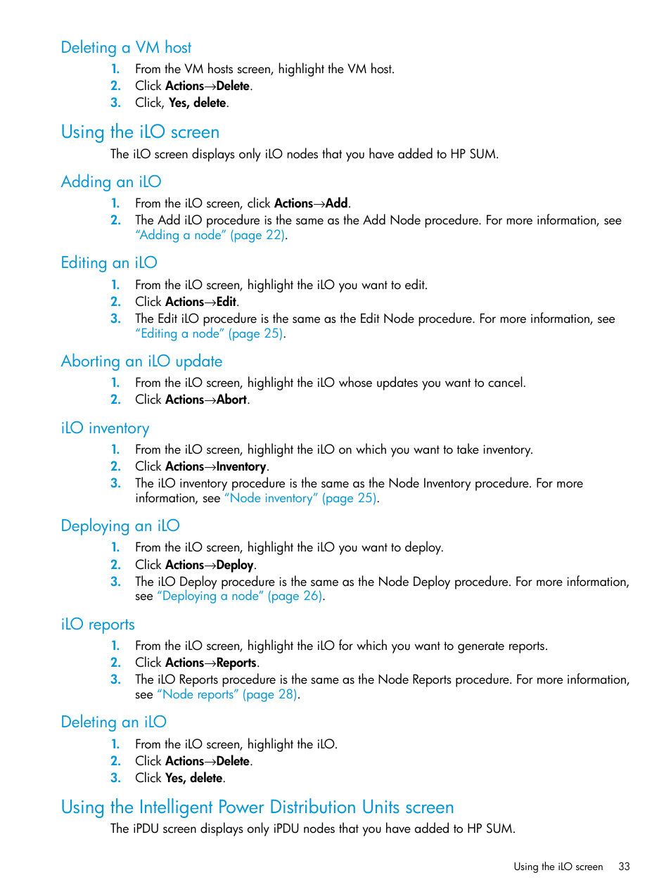 Deleting a vm host, Using the ilo screen, Adding an ilo | Editing an ilo, Aborting an ilo update, Ilo inventory, Deploying an ilo, Ilo reports, Deleting an ilo | HP Smart Update Manager Version 6.0.0 User Manual | Page 33 / 77