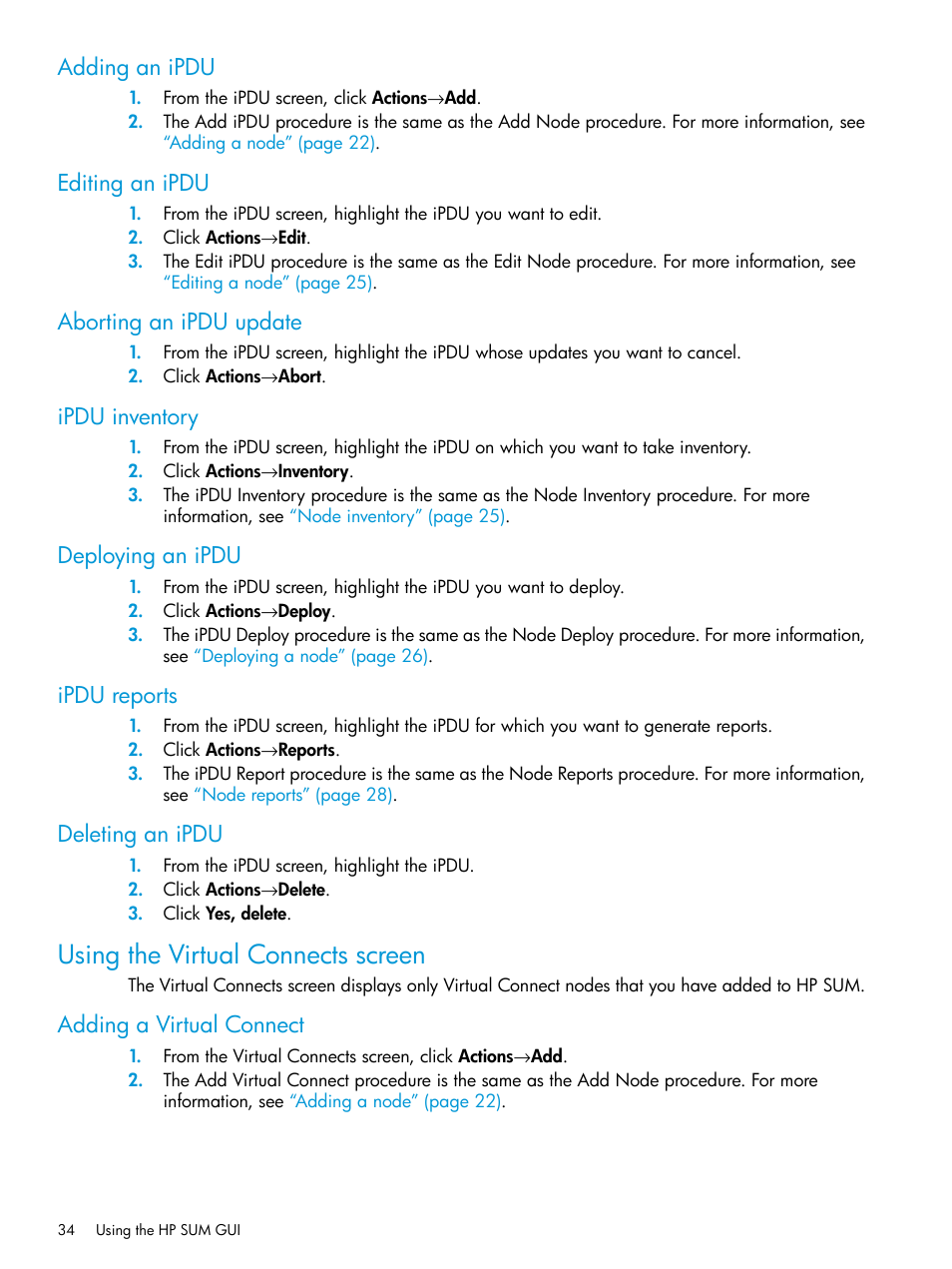 Adding an ipdu, Editing an ipdu, Aborting an ipdu update | Ipdu inventory, Deploying an ipdu, Ipdu reports, Deleting an ipdu, Using the virtual connects screen, Adding a virtual connect | HP Smart Update Manager Version 6.0.0 User Manual | Page 34 / 77