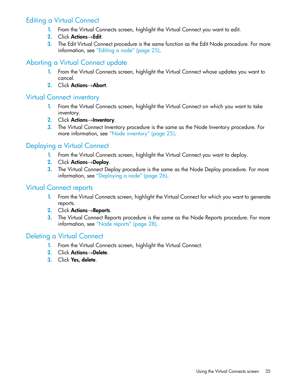 Editing a virtual connect, Aborting a virtual connect update, Virtual connect inventory | Deploying a virtual connect, Virtual connect reports, Deleting a virtual connect | HP Smart Update Manager Version 6.0.0 User Manual | Page 35 / 77