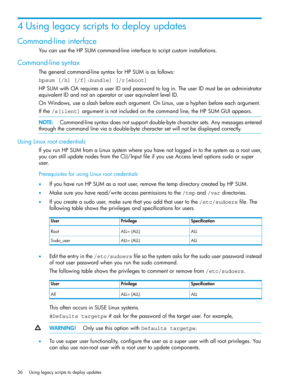 4 using legacy scripts to deploy updates, Command-line interface, Command-line syntax | Using linux root credentials, Prerequisites for using linux root credentials | HP Smart Update Manager Version 6.0.0 User Manual | Page 36 / 77