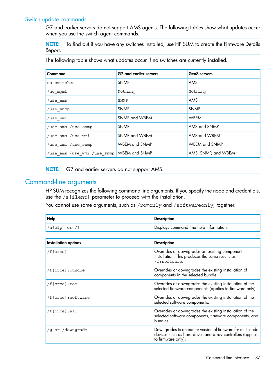 Switch update commands, Command-line arguments | HP Smart Update Manager Version 6.0.0 User Manual | Page 37 / 77