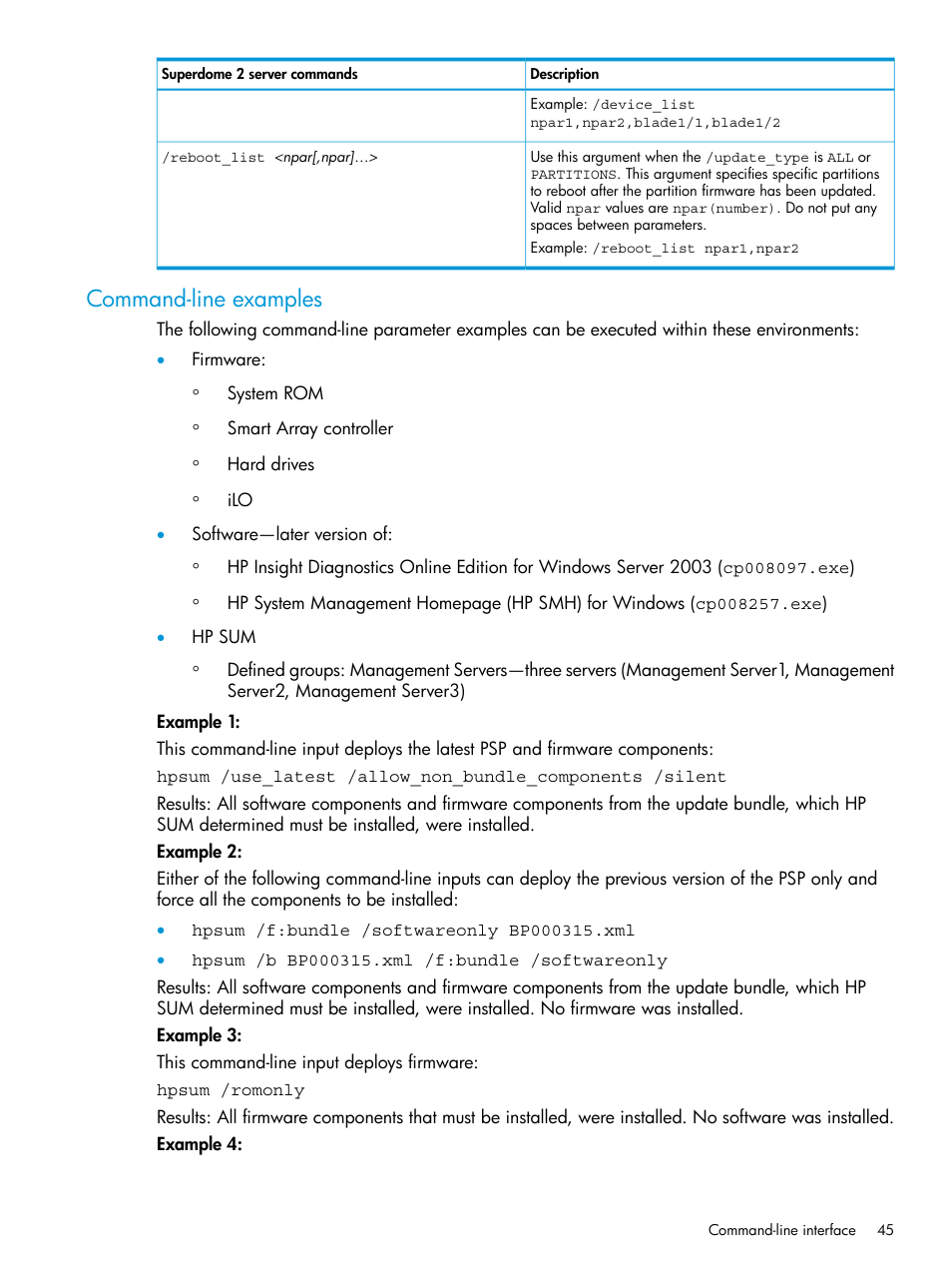 Command-line examples | HP Smart Update Manager Version 6.0.0 User Manual | Page 45 / 77