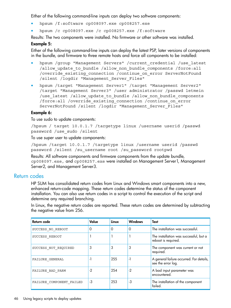 Return codes | HP Smart Update Manager Version 6.0.0 User Manual | Page 46 / 77