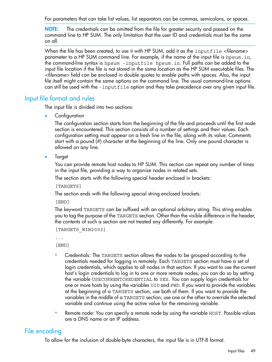 Input file format and rules, File encoding, Input file format and rules file encoding | HP Smart Update Manager Version 6.0.0 User Manual | Page 49 / 77