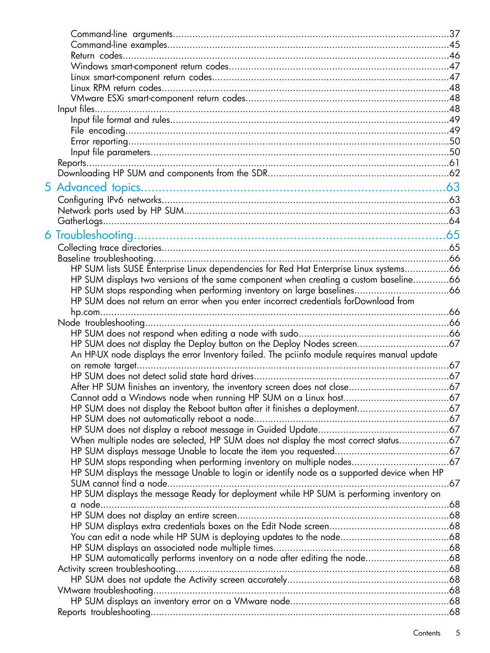 5 advanced topics, 6 troubleshooting | HP Smart Update Manager Version 6.0.0 User Manual | Page 5 / 77