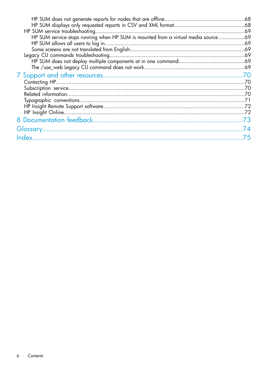 7 support and other resources, 8 documentation feedback glossary index | HP Smart Update Manager Version 6.0.0 User Manual | Page 6 / 77