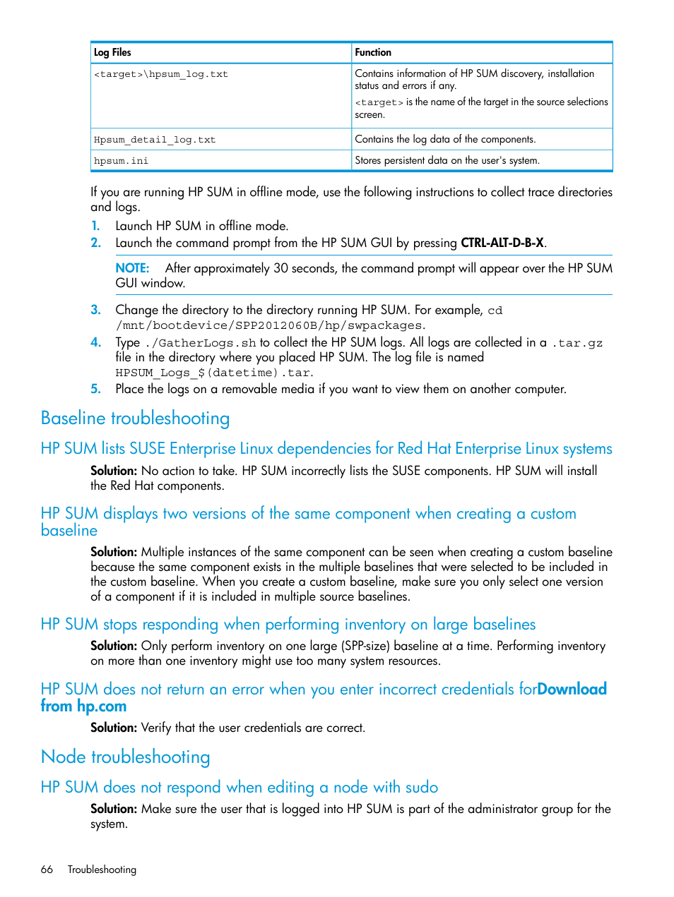 Baseline troubleshooting, Node troubleshooting | HP Smart Update Manager Version 6.0.0 User Manual | Page 66 / 77