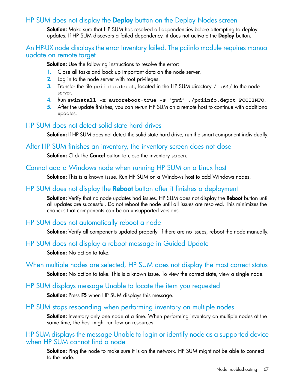 Hp sum does not detect solid state hard drives, Hp sum does not automatically reboot a node | HP Smart Update Manager Version 6.0.0 User Manual | Page 67 / 77