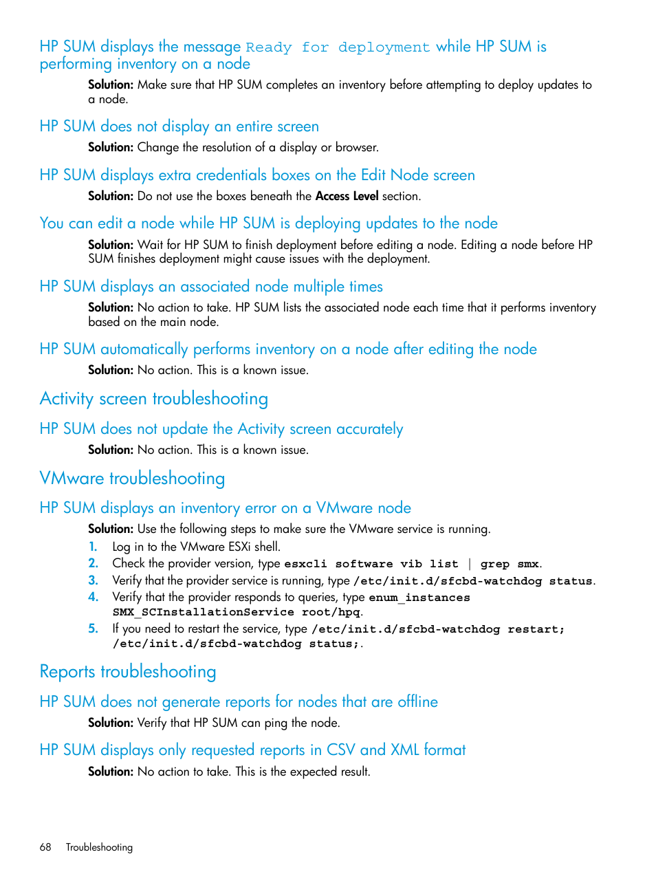 Hp sum does not display an entire screen, Hp sum displays an associated node multiple times, Activity screen troubleshooting | Vmware troubleshooting, Reports troubleshooting | HP Smart Update Manager Version 6.0.0 User Manual | Page 68 / 77