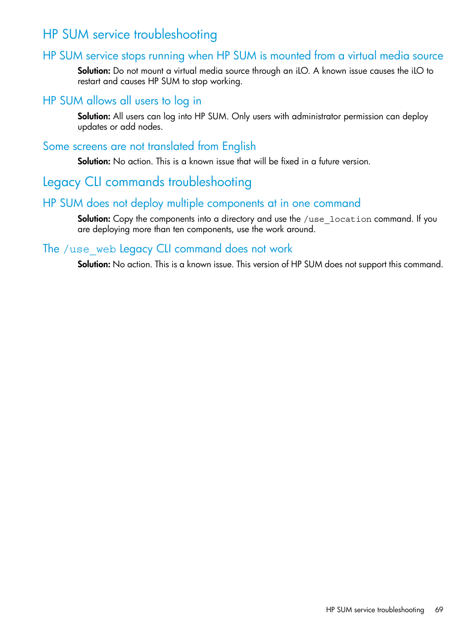 Hp sum service troubleshooting, Hp sum allows all users to log in, Some screens are not translated from english | Legacy cli commands troubleshooting, The /use_web legacy cli command does not work | HP Smart Update Manager Version 6.0.0 User Manual | Page 69 / 77