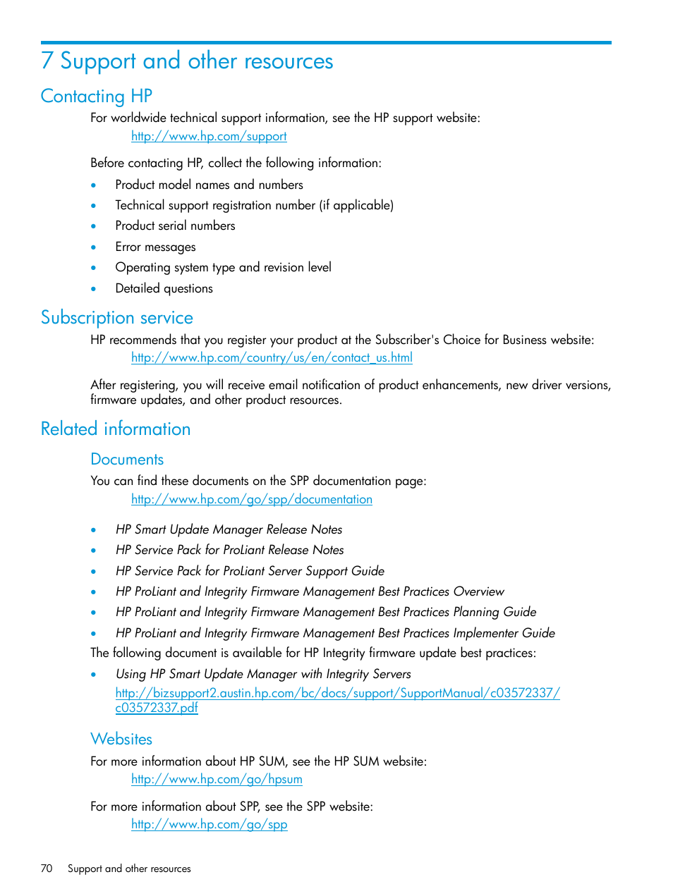 7 support and other resources, Contacting hp, Subscription service | Related information, Documents, Websites | HP Smart Update Manager Version 6.0.0 User Manual | Page 70 / 77