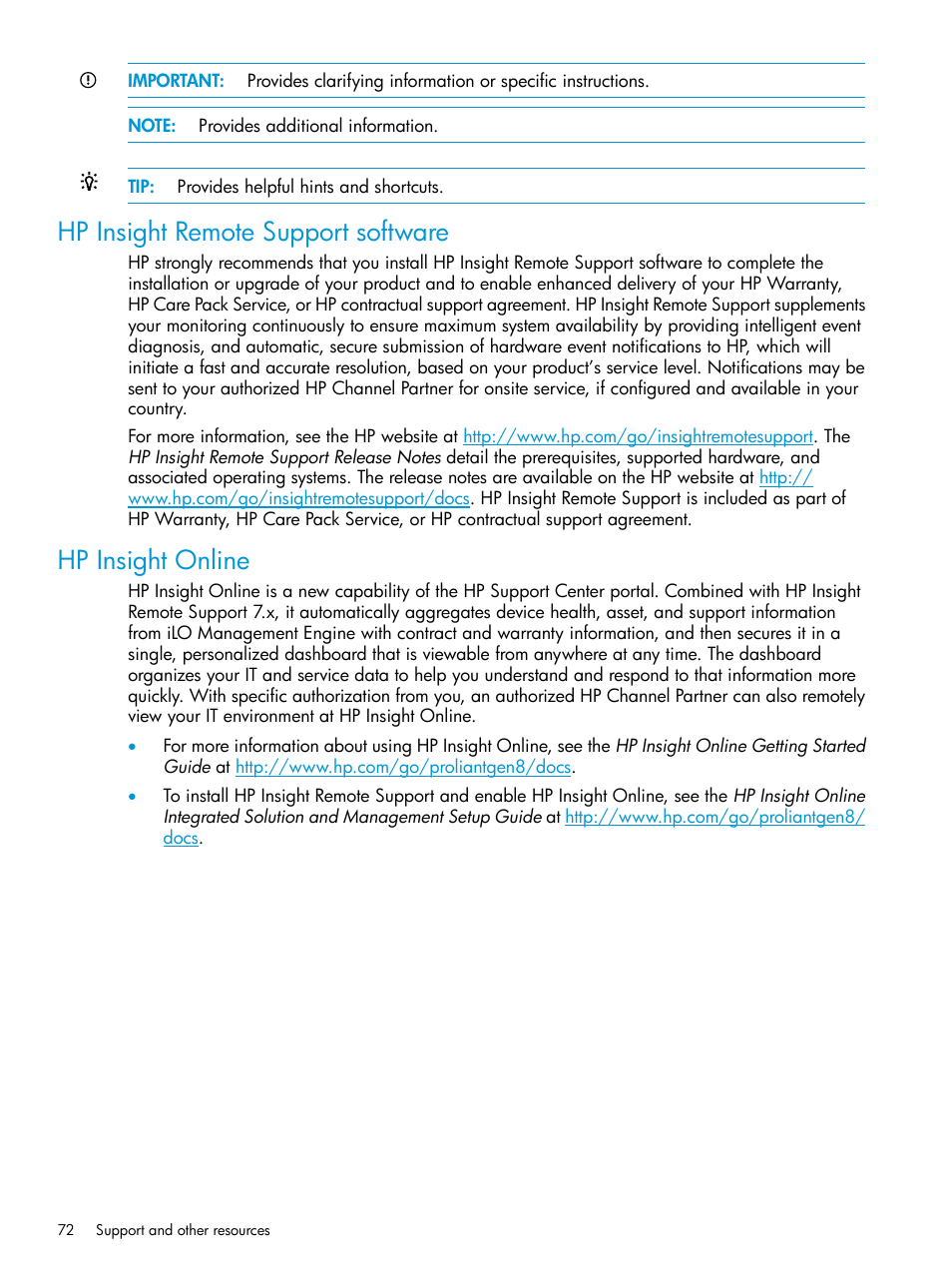 Hp insight remote support software, Hp insight online | HP Smart Update Manager Version 6.0.0 User Manual | Page 72 / 77