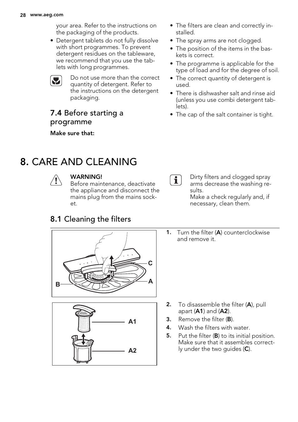 Care and cleaning, 4 before starting a programme, 1 cleaning the filters | AEG F35400IM0 User Manual | Page 28 / 68