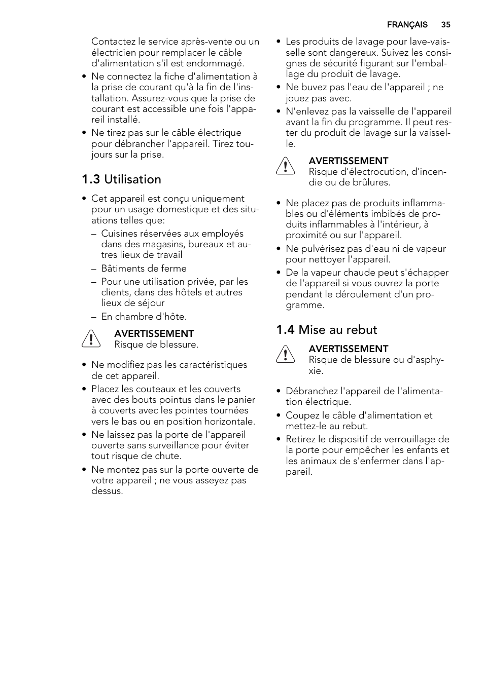 3 utilisation, 4 mise au rebut | AEG F35400IM0 User Manual | Page 35 / 68