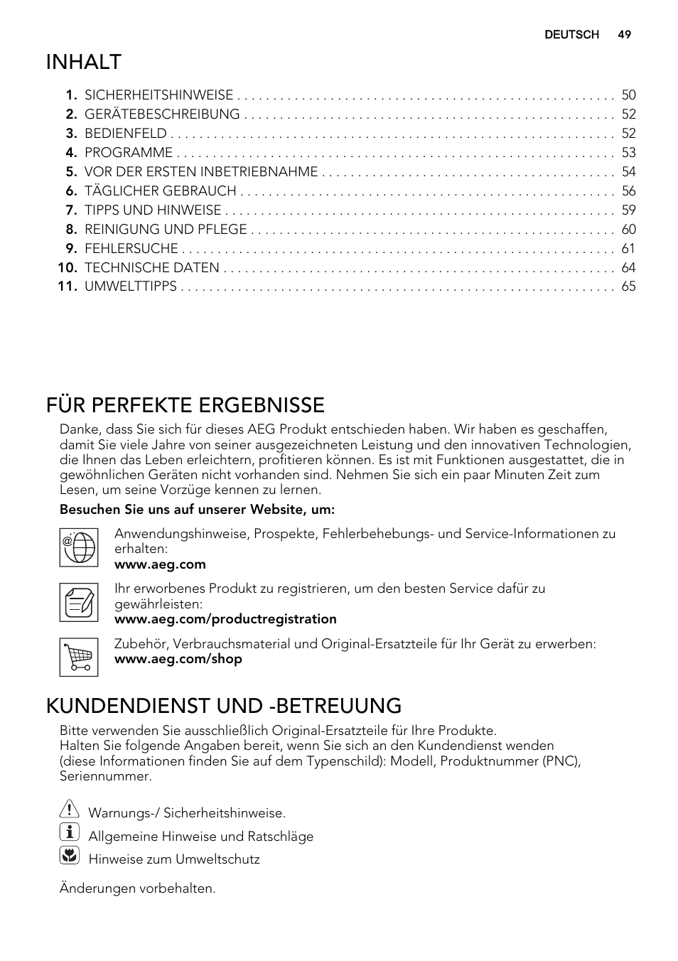 Inhalt, Für perfekte ergebnisse, Kundendienst und -betreuung | AEG F35400IM0 User Manual | Page 49 / 68