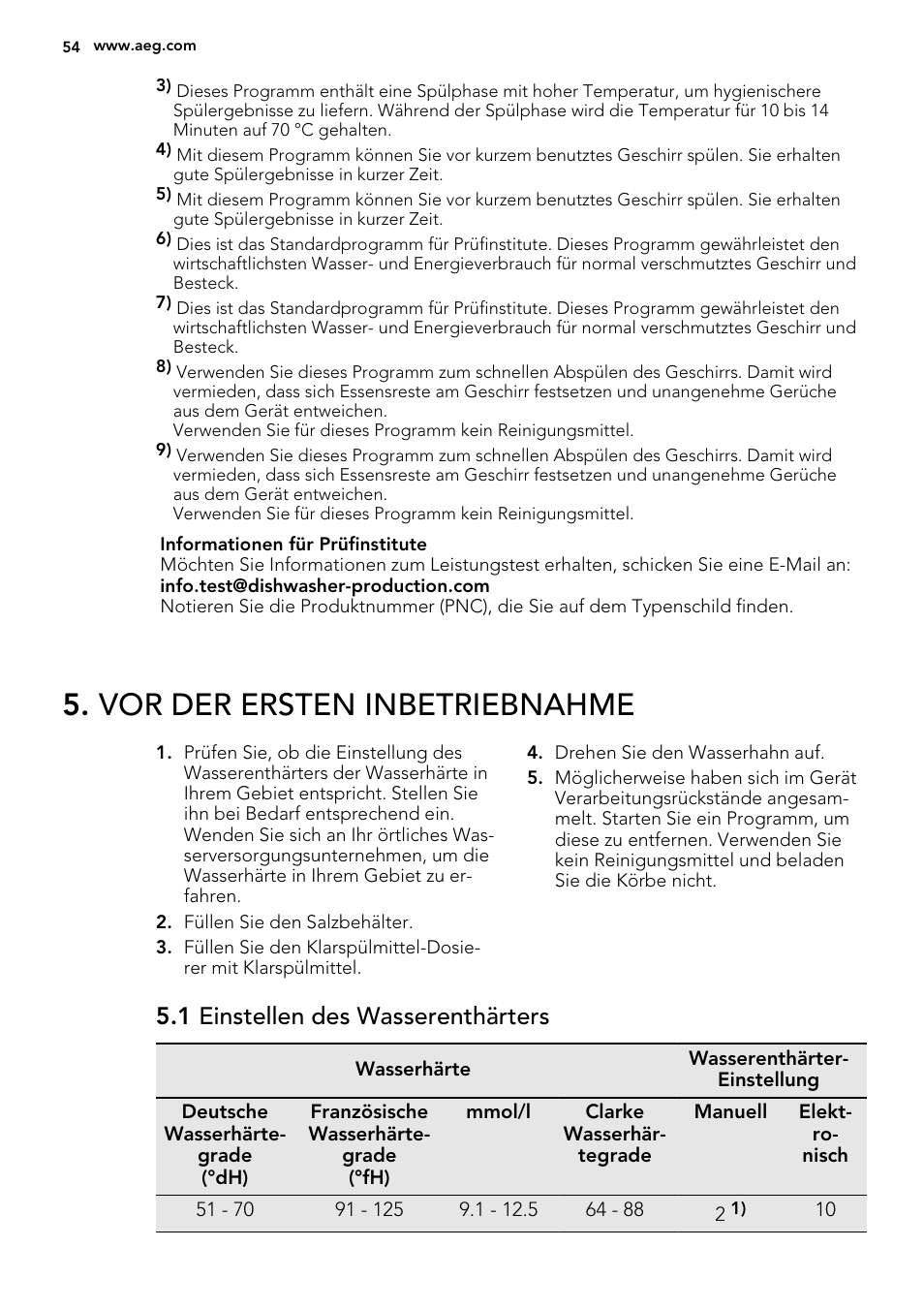 Vor der ersten inbetriebnahme, 1 einstellen des wasserenthärters | AEG F35400IM0 User Manual | Page 54 / 68
