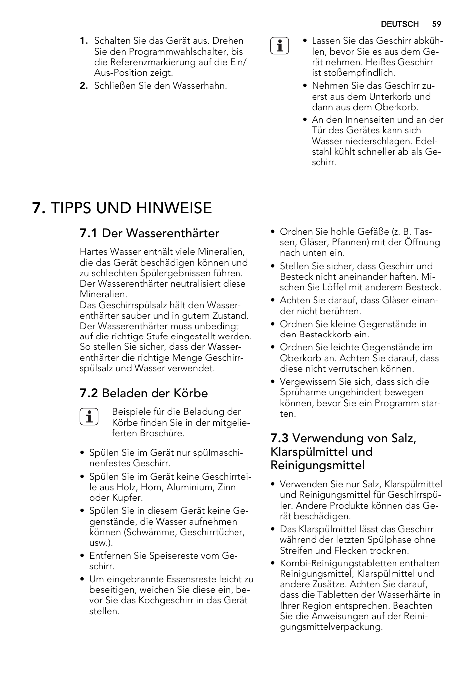 Tipps und hinweise, 1 der wasserenthärter, 2 beladen der körbe | AEG F35400IM0 User Manual | Page 59 / 68