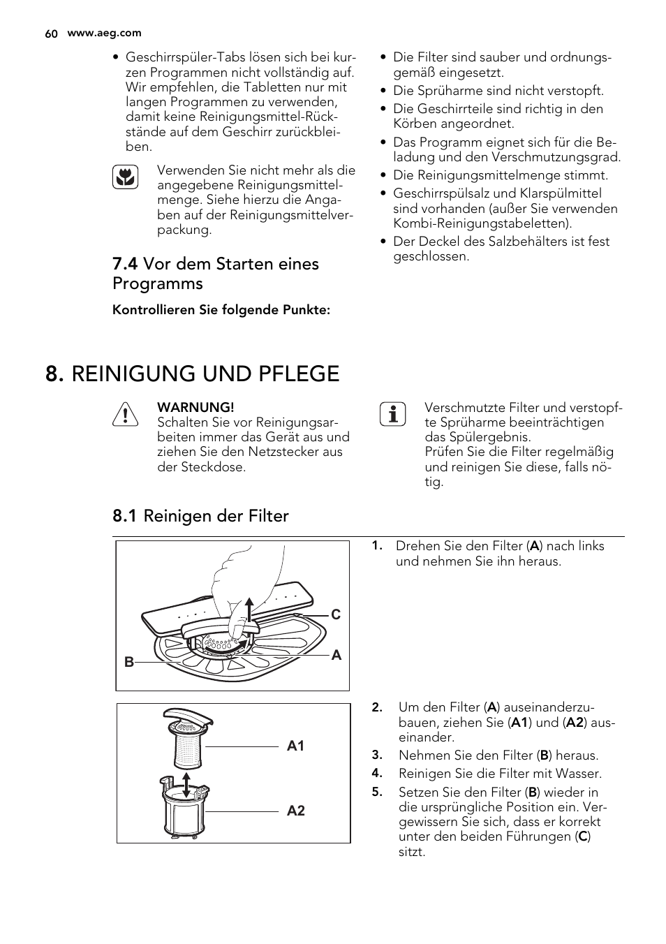 Reinigung und pflege, 4 vor dem starten eines programms, 1 reinigen der filter | AEG F35400IM0 User Manual | Page 60 / 68