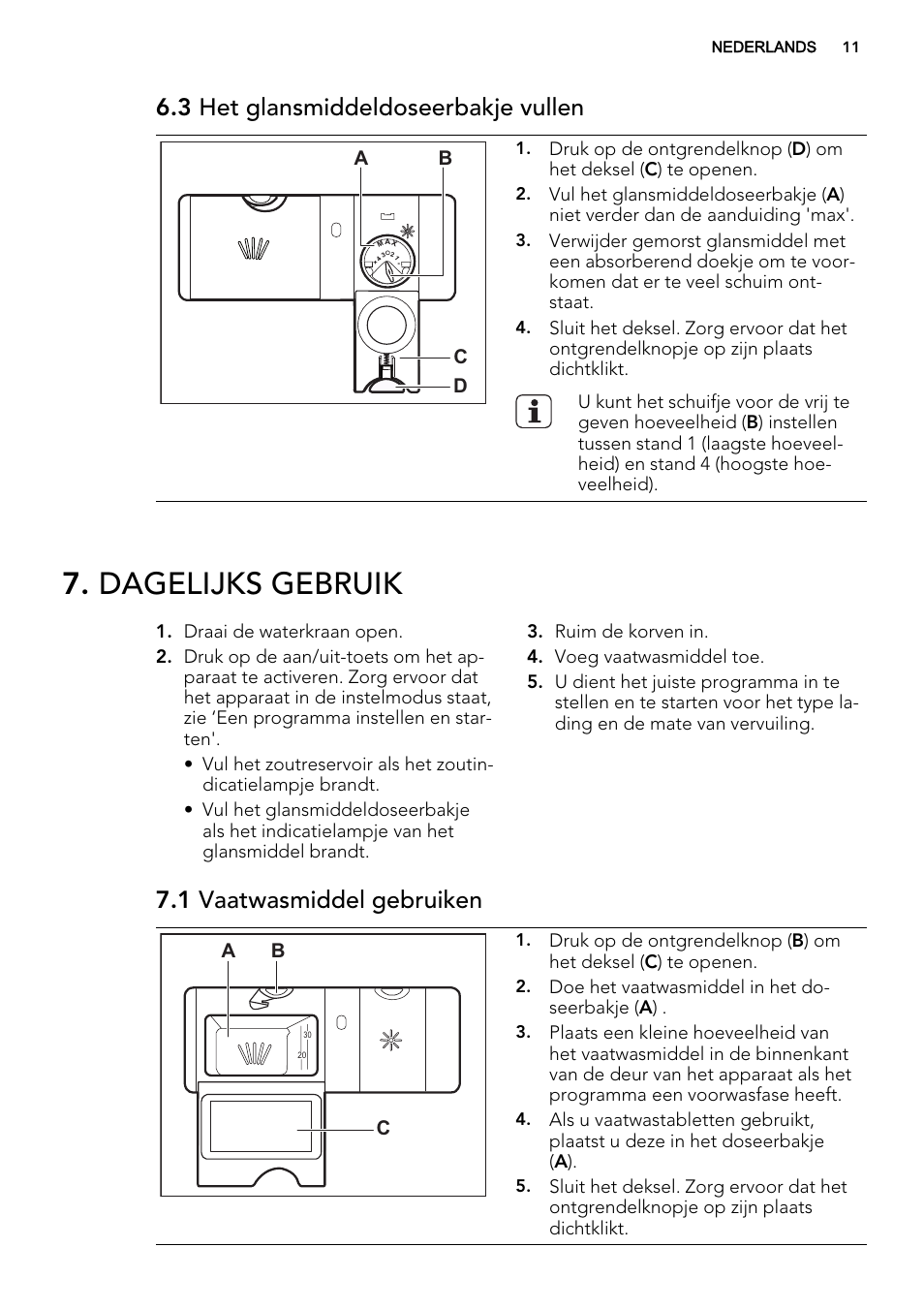 Dagelijks gebruik, 3 het glansmiddeldoseerbakje vullen, 1 vaatwasmiddel gebruiken | Ab d c, Ab c, Doe het vaatwasmiddel in het do- seerbakje ( a ) | AEG F65412IM0P User Manual | Page 11 / 68