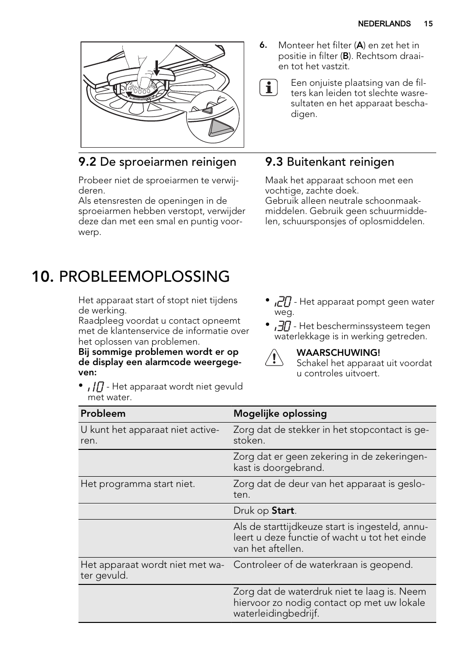 Probleemoplossing, 2 de sproeiarmen reinigen, 3 buitenkant reinigen | AEG F65412IM0P User Manual | Page 15 / 68