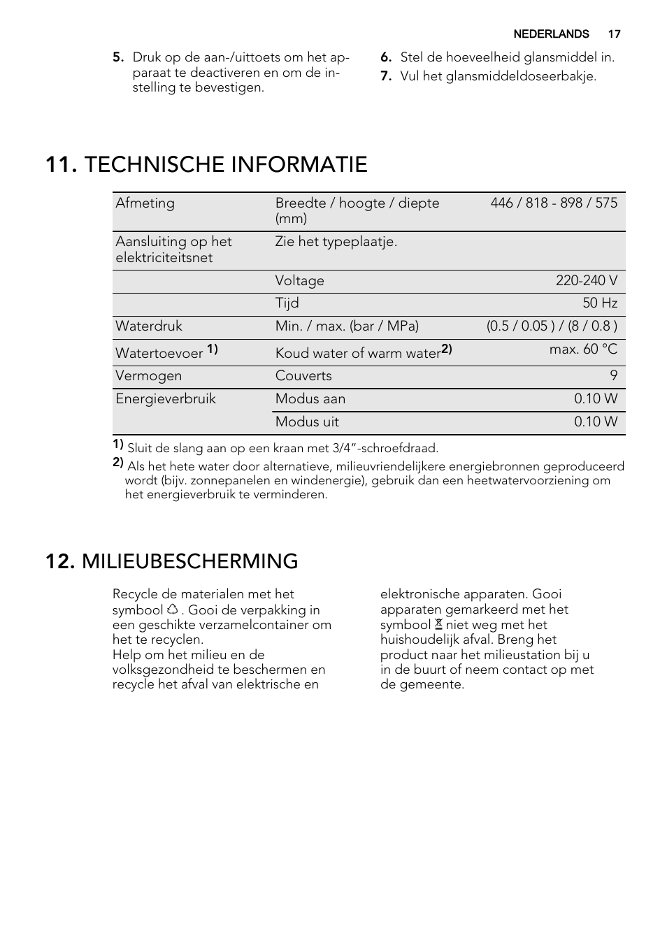 Technische informatie, Milieubescherming | AEG F65412IM0P User Manual | Page 17 / 68