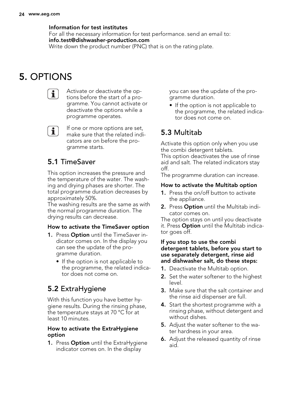 Options, 1 timesaver, 2 extrahygiene | 3 multitab | AEG F65412IM0P User Manual | Page 24 / 68