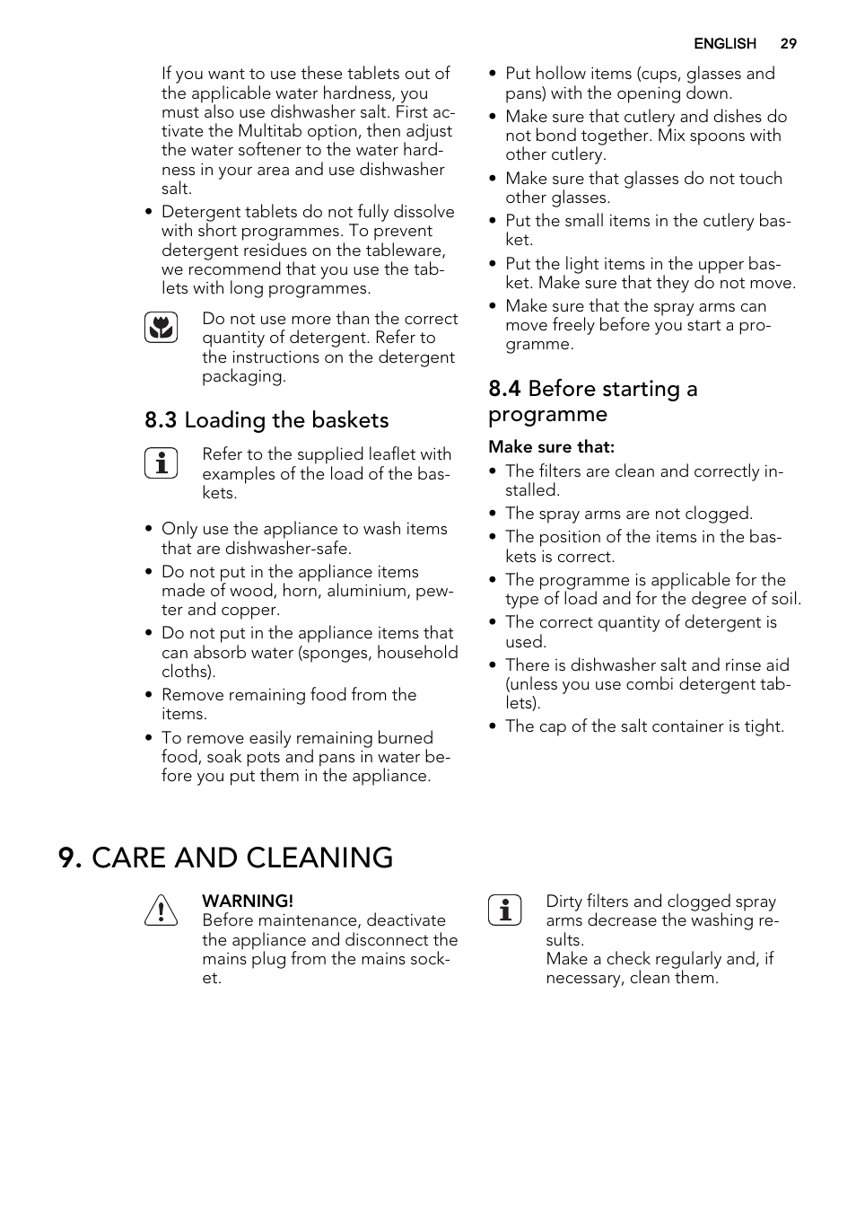 Care and cleaning, 3 loading the baskets, 4 before starting a programme | AEG F65412IM0P User Manual | Page 29 / 68