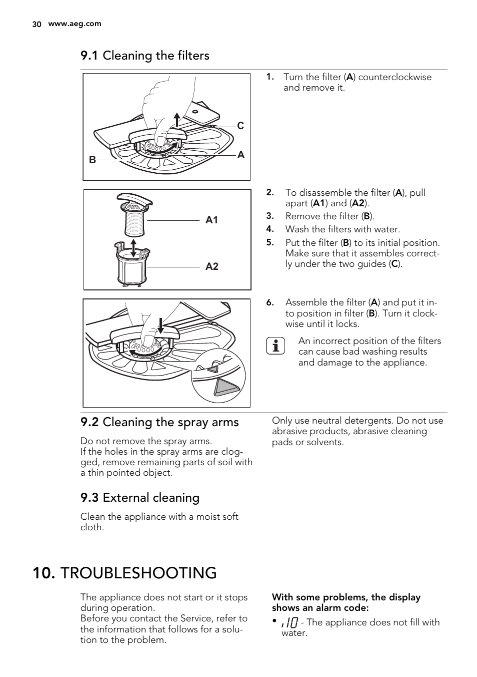 Troubleshooting, 1 cleaning the filters, 2 cleaning the spray arms | 3 external cleaning | AEG F65412IM0P User Manual | Page 30 / 68