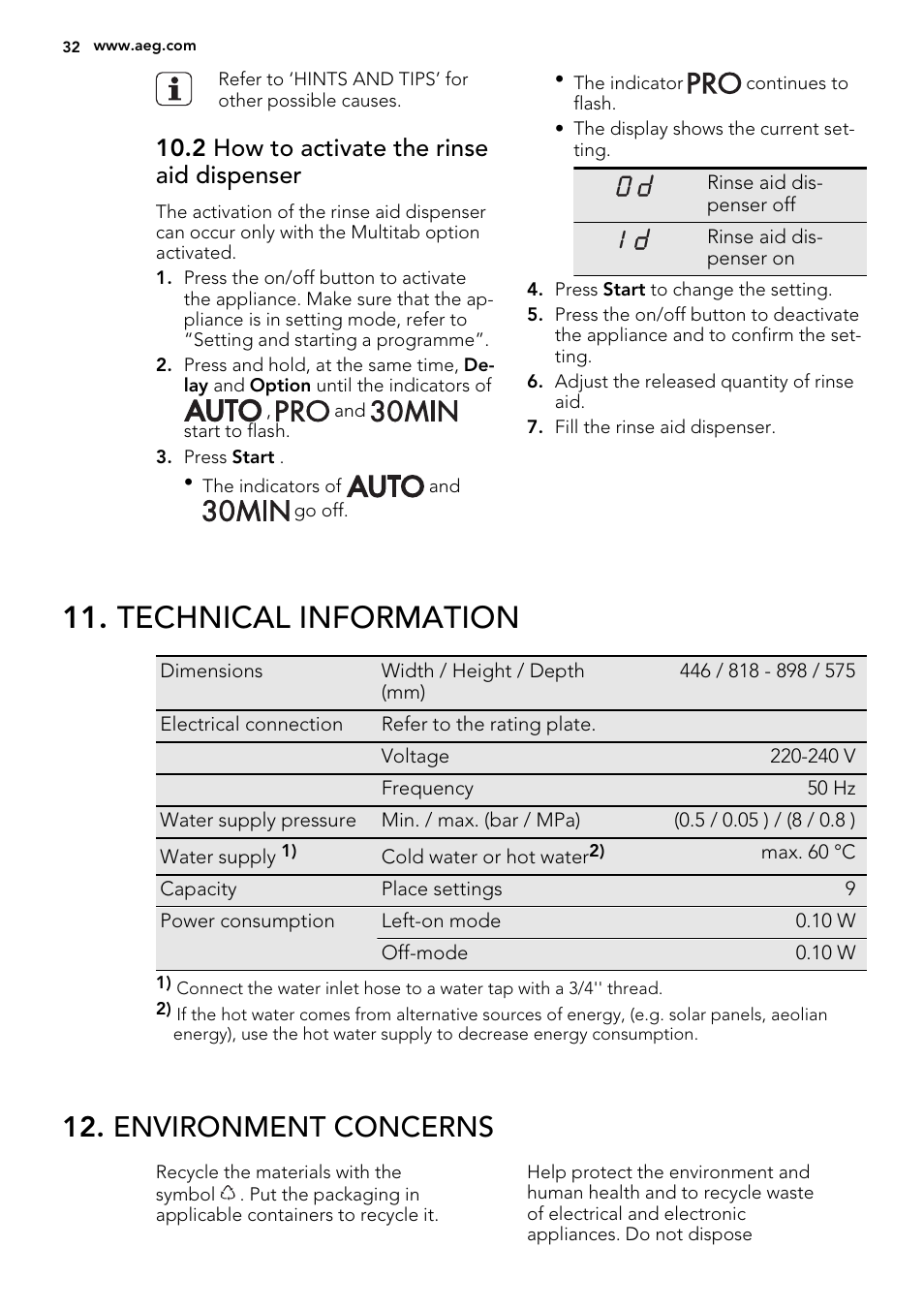 Technical information, Environment concerns, 2 how to activate the rinse aid dispenser | AEG F65412IM0P User Manual | Page 32 / 68