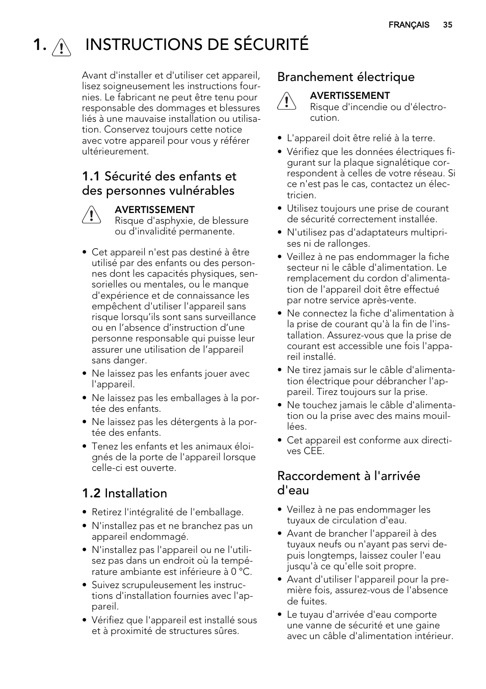 Instructions de sécurité, 2 installation, Branchement électrique | Raccordement à l'arrivée d'eau | AEG F65412IM0P User Manual | Page 35 / 68