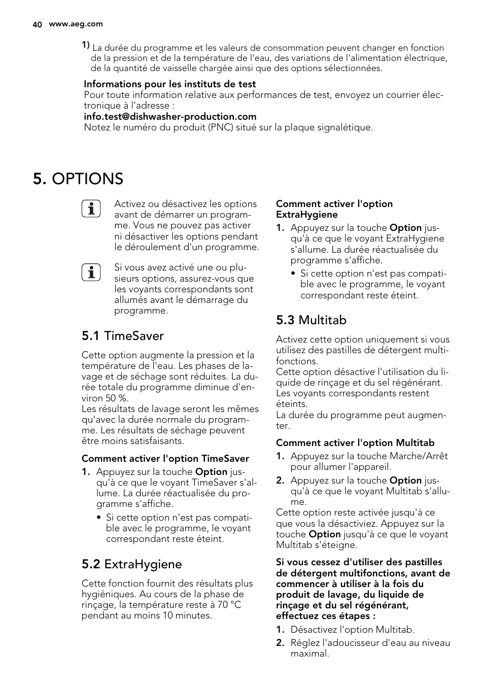 Options, 1 timesaver, 2 extrahygiene | 3 multitab | AEG F65412IM0P User Manual | Page 40 / 68