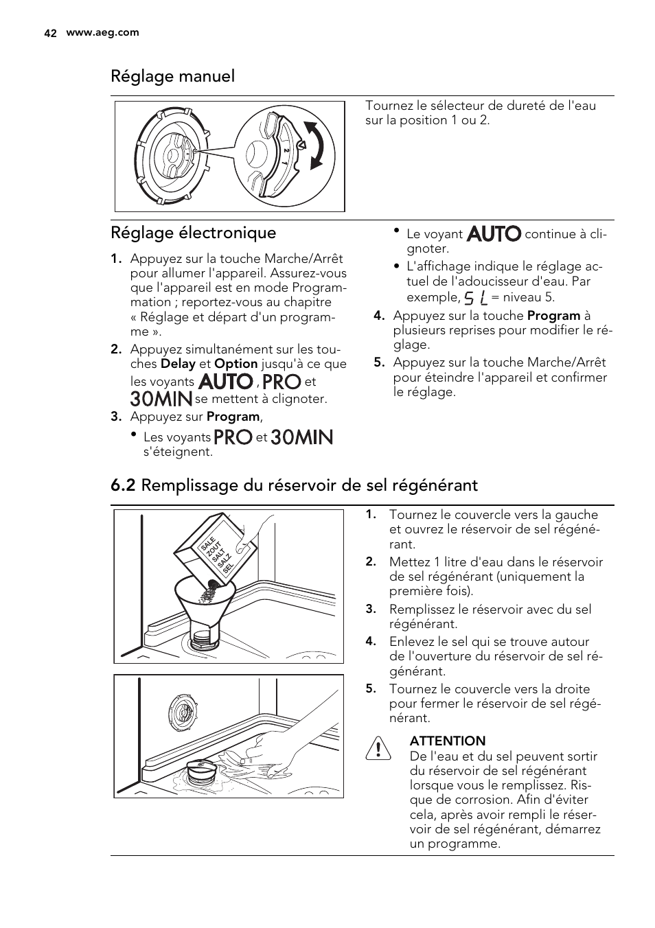 Réglage manuel, Réglage électronique, 2 remplissage du réservoir de sel régénérant | AEG F65412IM0P User Manual | Page 42 / 68