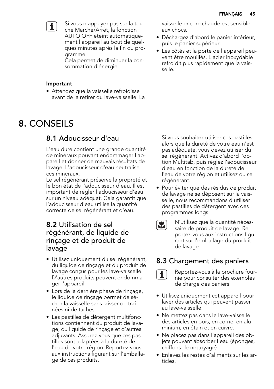 Conseils, 1 adoucisseur d'eau, 3 chargement des paniers | AEG F65412IM0P User Manual | Page 45 / 68