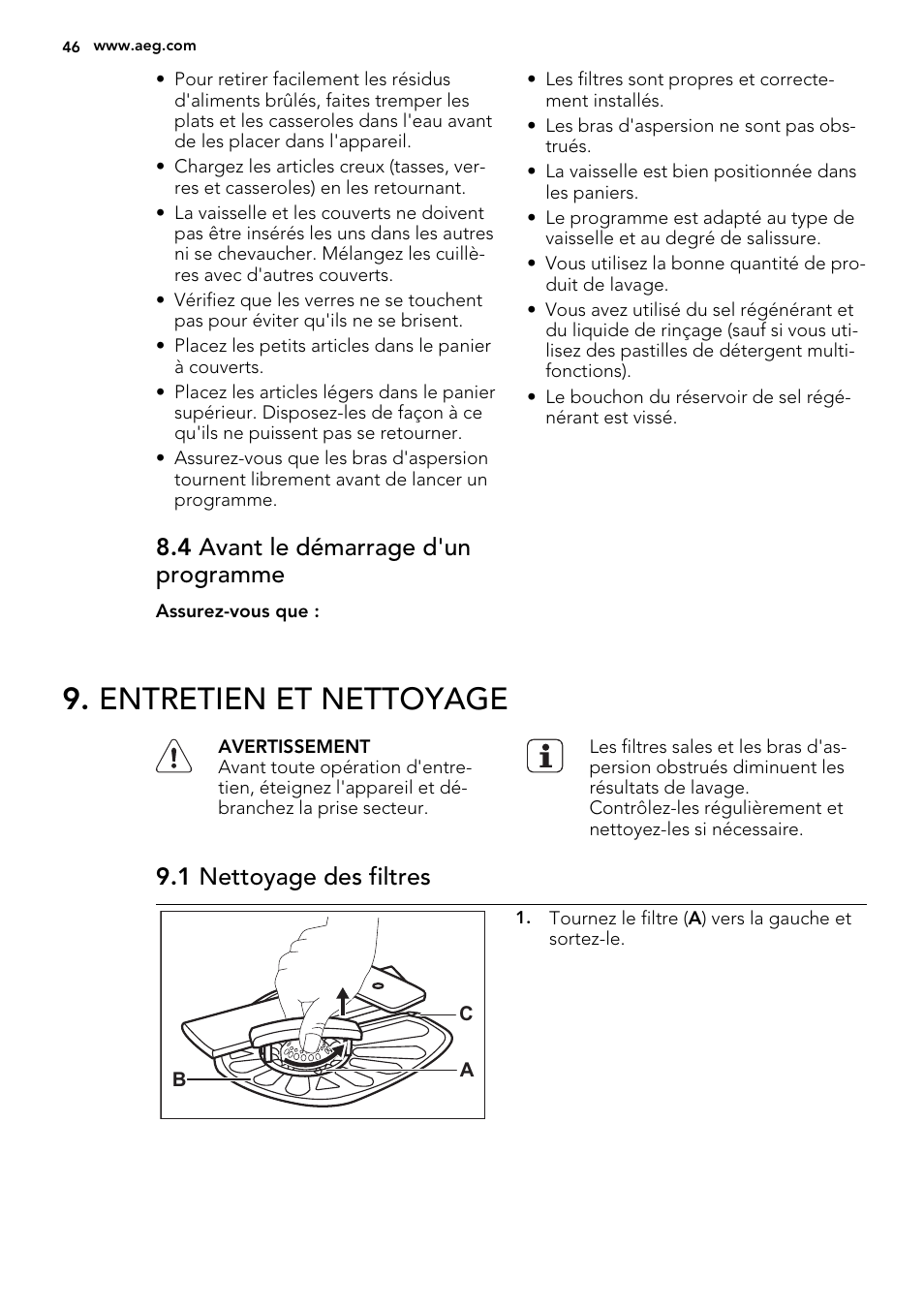 Entretien et nettoyage, 4 avant le démarrage d'un programme, 1 nettoyage des filtres | AEG F65412IM0P User Manual | Page 46 / 68