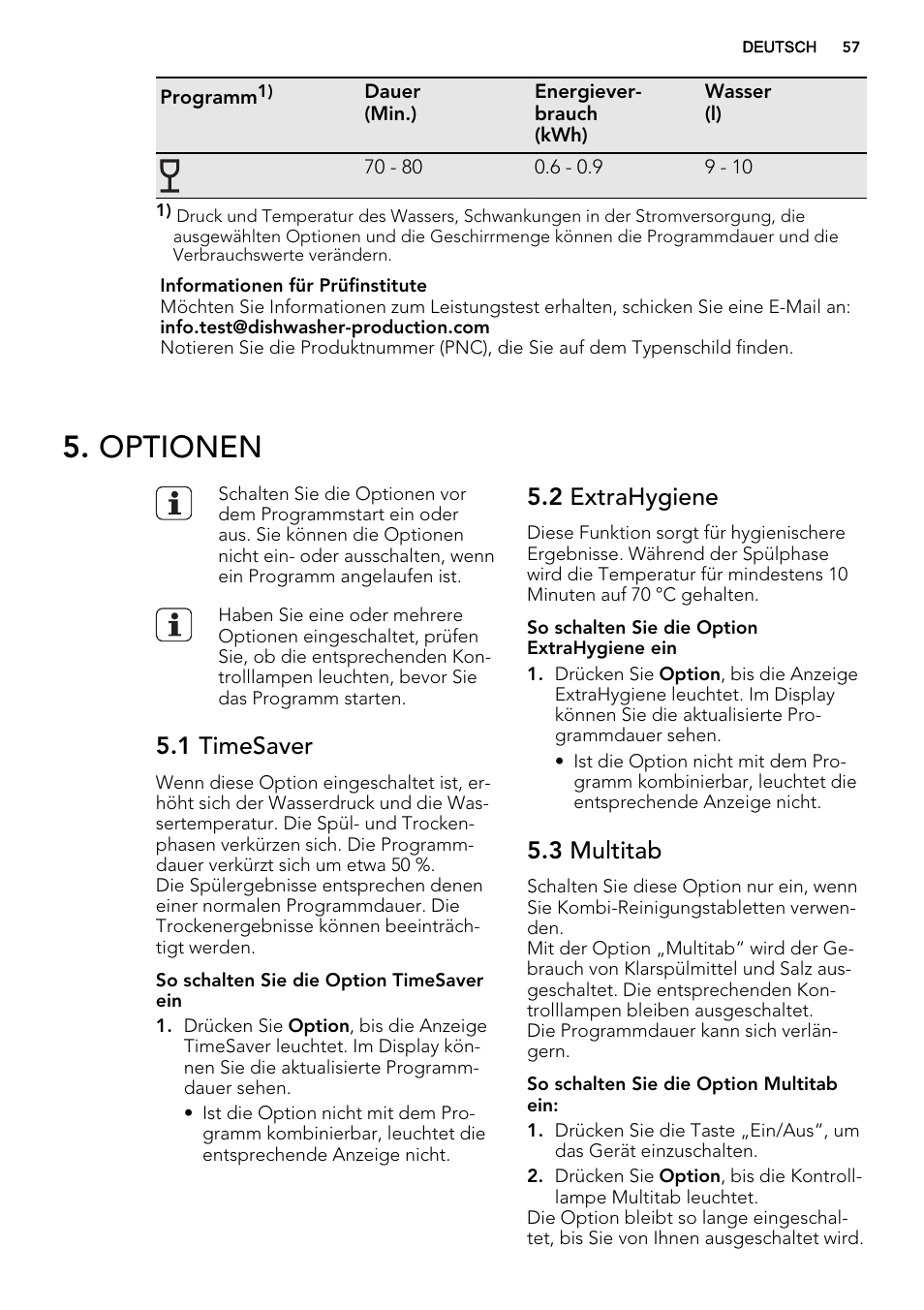 Optionen, 1 timesaver, 2 extrahygiene | 3 multitab | AEG F65412IM0P User Manual | Page 57 / 68