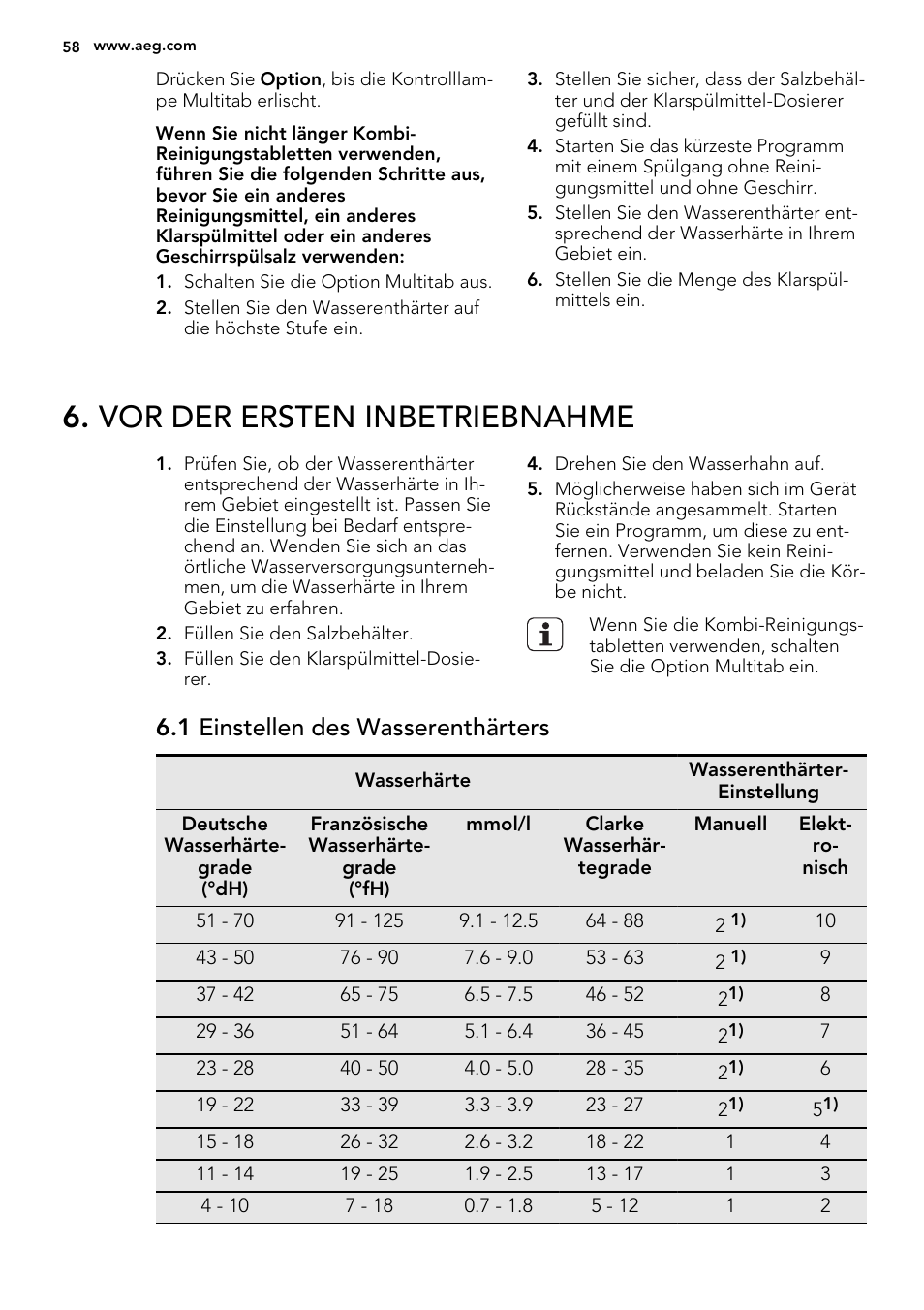 Vor der ersten inbetriebnahme, 1 einstellen des wasserenthärters | AEG F65412IM0P User Manual | Page 58 / 68