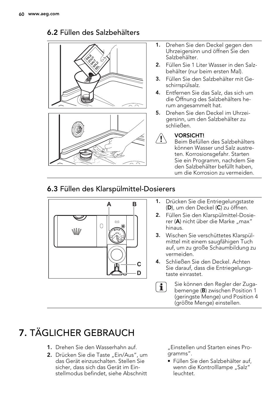 Täglicher gebrauch, 2 füllen des salzbehälters, 3 füllen des klarspülmittel-dosierers | AEG F65412IM0P User Manual | Page 60 / 68