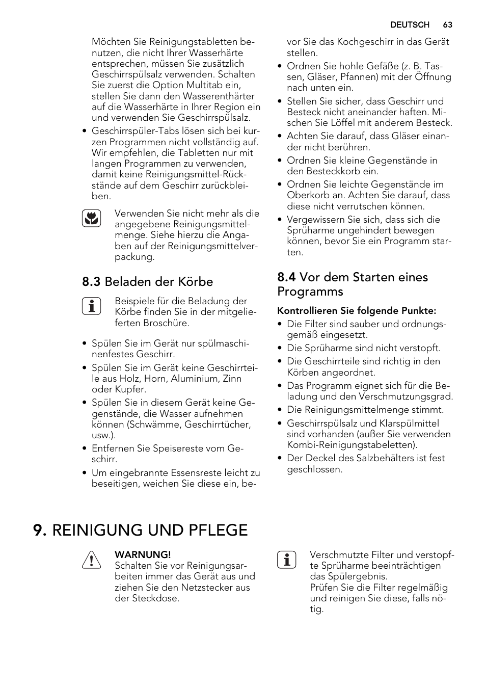 Reinigung und pflege, 3 beladen der körbe, 4 vor dem starten eines programms | AEG F65412IM0P User Manual | Page 63 / 68